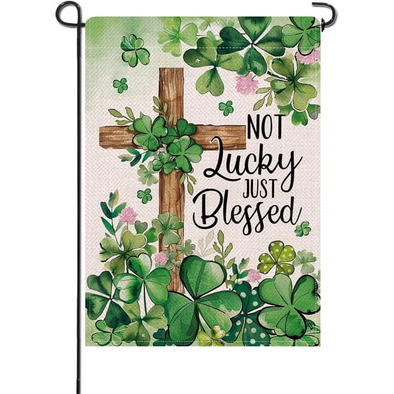 Christian St Patricks Day Small Decorative Garden Flag, Religious Cross Shamrock Clover Not Just Blessed Yard Outside Decor, Irish Spring Outdoor Home Decoration Double Sided 12 x 18