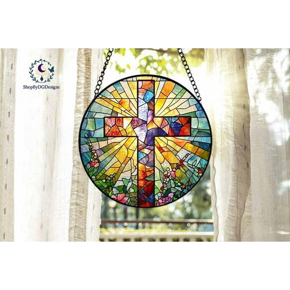 Christian Stained Glass Cross Suncatcher – Colorful Religious Window Art, Handcrafted Cross Design, Inspirational Home Decor, Faith and Ho 1901447321