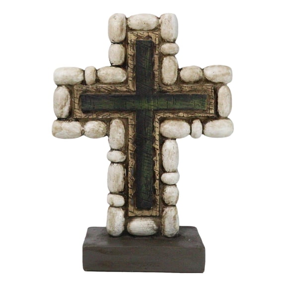 Christian Standing Layered Cross With Rustic Pebble Rocks Faux Wood Finish