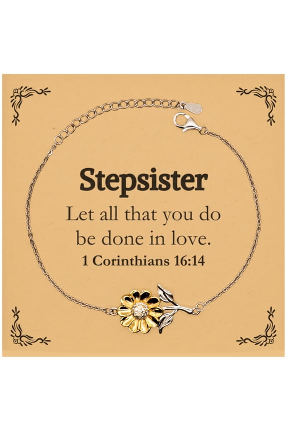 Christian Stepsister Gifts, Let all that you do be done in love, Bible Verse Scripture Sunflower Bracelet, Baptism Confirmation Gifts for Stepsister