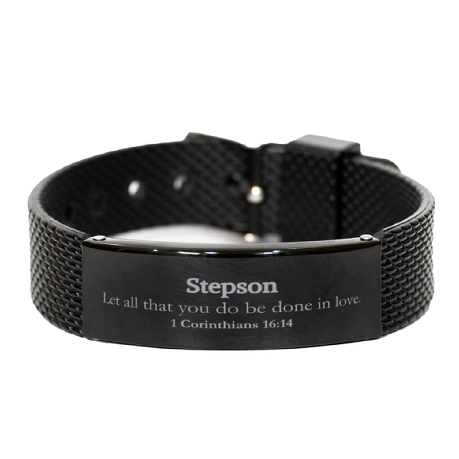 Christian Stepson Gifts, Let all that you do be done in love, Bible Verse Scripture Black Shark Mesh Bracelet, Baptism Confirmation Gifts for Stepson