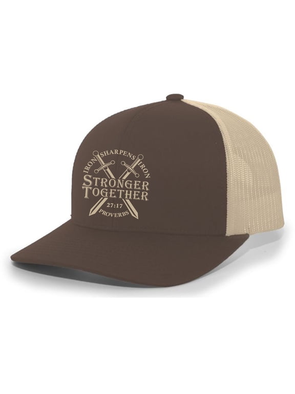 Christian Stronger Together Nails Iron Sharpens Iron Proverbs 27:17 Mens Embroidered Mesh Back Trucker Hat, Brown/Khaki