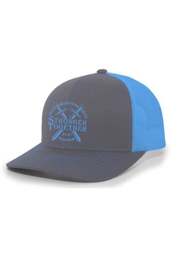 Christian Stronger Together Nails Iron Sharpens Iron Proverbs 27:17 Mens Embroidered Mesh Back Trucker Hat, Charcoal/Neon Blue