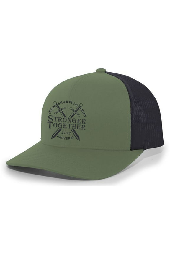 Christian Stronger Together Nails Iron Sharpens Iron Proverbs 27:17 Mens Embroidered Mesh Back Trucker Hat, Loden/Black