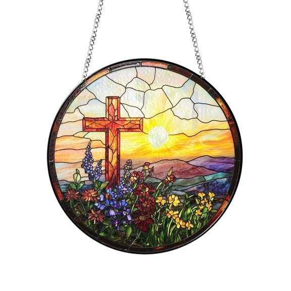 Christian Suncatcher Stained Acrylic Cross Window Hanging Wall Decor, Christmas Religious Gifts for Women, Easter Religious Wildflower Bird Garden Lawn Sun Catchers for Window Hanging