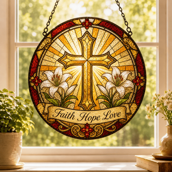 Christian Suncatcher Stained Glass Window Hanging Cross Gift for Church Decor