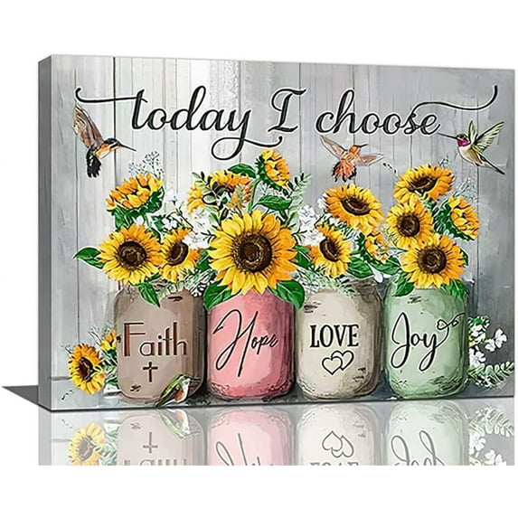 Christian Sunflower Wall Art Farmhouse Rustic Sunflower Pictures Wall Decor Inspirational Quotes Today I Choose Canvas Artwork Painting Hummingbird Framed Poster Print for Home Living room Bedroom