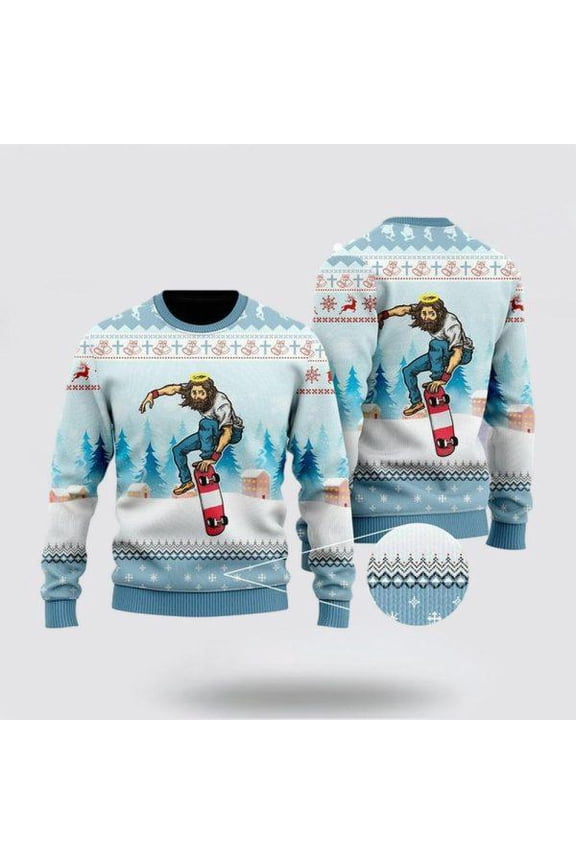Christian Sweater, Funny Jesus Skateboarding Christmas Ugly Christmas Sweater, Jesus Christmas Sweater, Jesus Saves Shirt