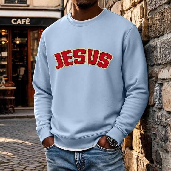 Christian Sweatshirt for Men Featuring Bold Jesus Graphic Print with Crew Neck Long Sleeves and Loose Fit for Travel Casualwear