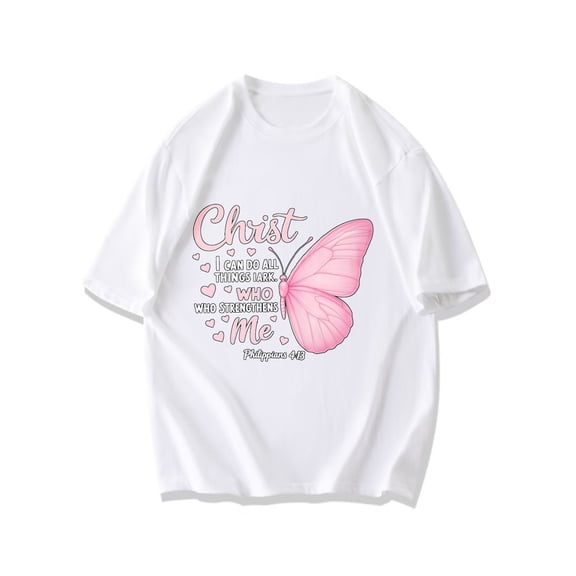 Christian T Shirt Black Christ I Can Do All Things Through Who Strengthens Me Philippians 413 Pink Butterfly And Hearts Design For Faith And Inspiration