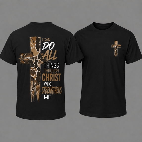 Christian T-Shirt, Camo Cross Design With Philippians 4:13 Verse, Perfect For Faithful Believers And Outdoorsmen