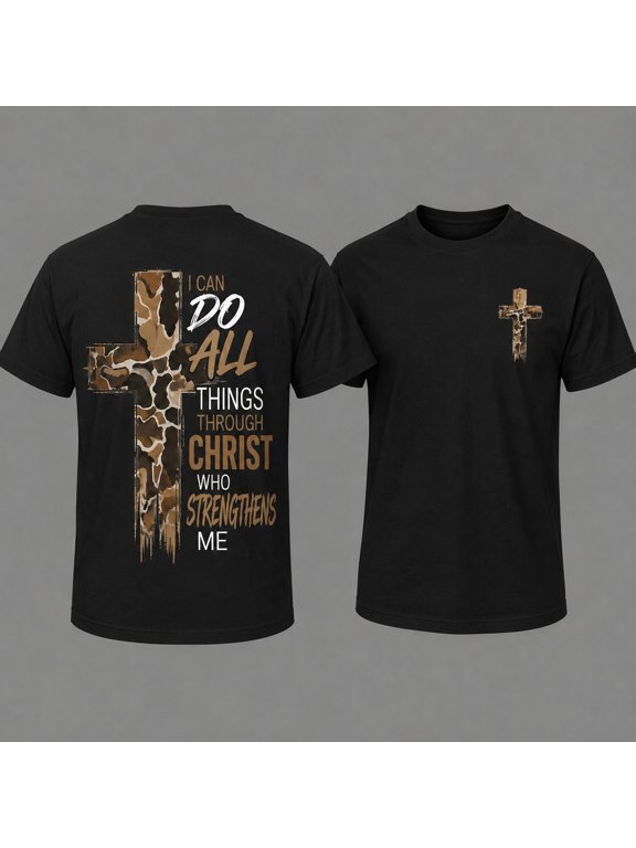 Christian T-Shirt, Camo Cross Design With Philippians 4:13 Verse, Perfect For Faithful Believers And Outdoorsmen