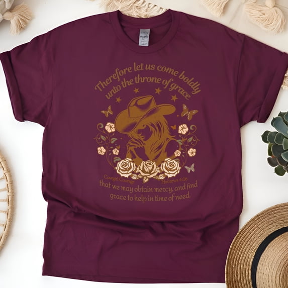 Christian T-Shirt – Cowgirl Courage Hebrews 4:16 Graphic Tee, Throne of Grace Prayer, Maroon, Size L