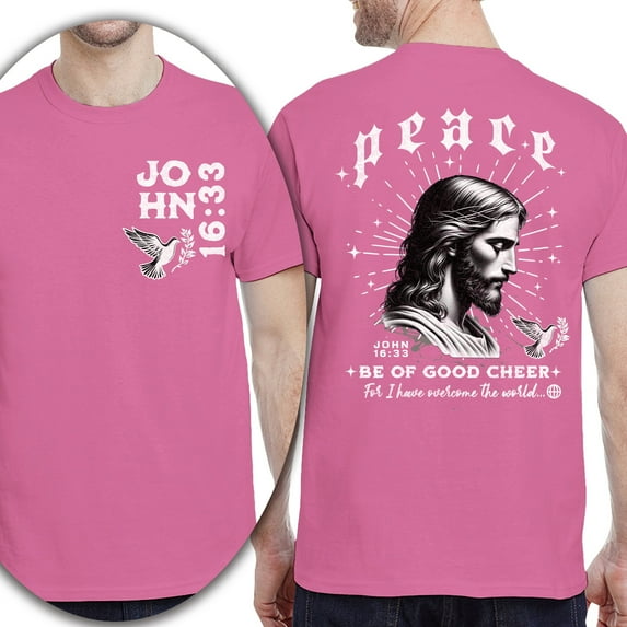 Christian T-Shirt, Double-Sided Peace Shirt with Jesus Illustration – John 16:33 Scripture Tee, Azalea, Size 3XL