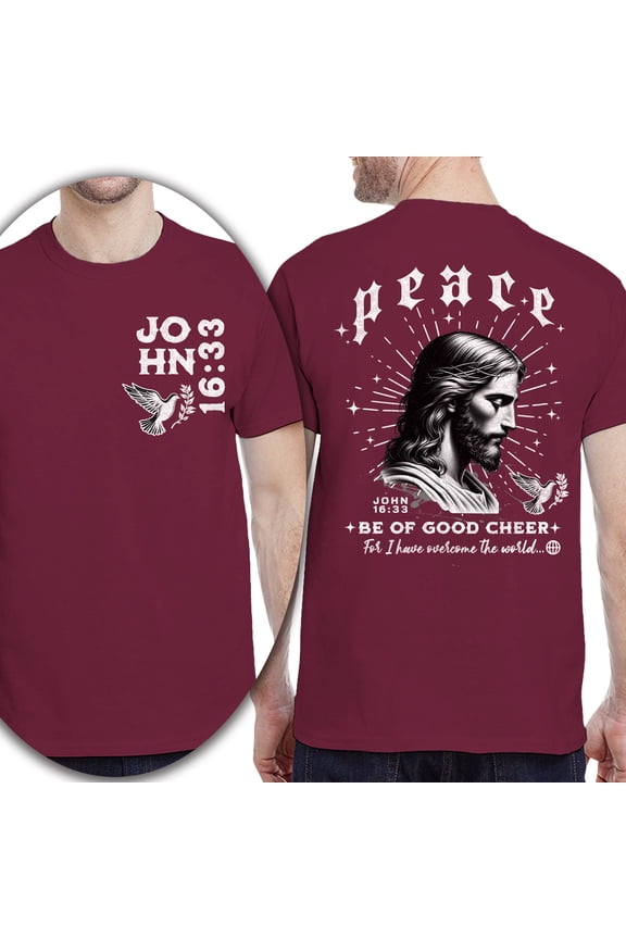 Christian T-Shirt, Double-Sided Peace Shirt with Jesus Illustration – John 16:33 Scripture Tee, Maroon, Size M