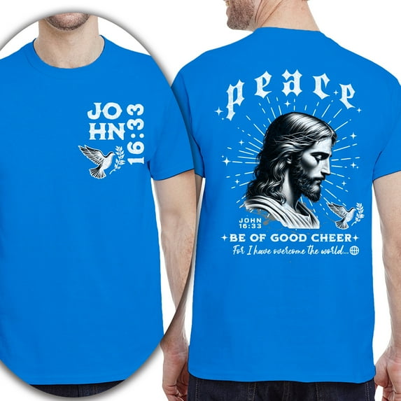 Christian T-Shirt, Double-Sided Peace Shirt with Jesus Illustration – John 16:33 Scripture Tee, Royal, Size 2XL