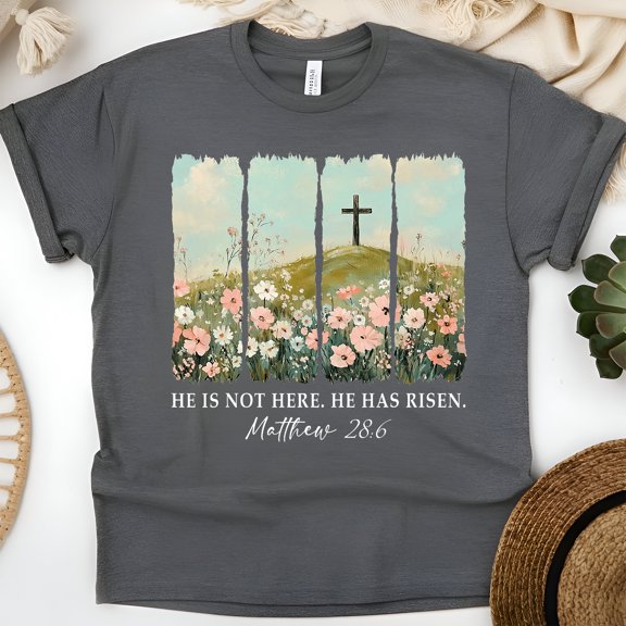 Christian T-Shirt He Has Risen Cross Bible Verse Matthew 28:6 Tee, Dark Heather, Size XL