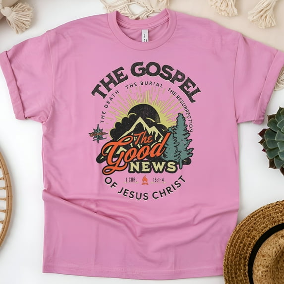 Christian T-Shirt – The Good News of Jesus Christ, 1 Corinthians 15:1-4 Graphic Tee, Azalea, Size L