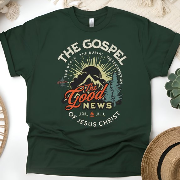 Christian T-Shirt – The Good News of Jesus Christ, 1 Corinthians 15:1-4 Graphic Tee, Forest Green, Size 4XL