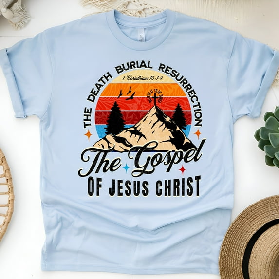 Christian T-Shirt – The Gospel of Jesus Christ Mountain Cross Tee, 1 Corinthians 15:1-4, Light Blue, Size S
