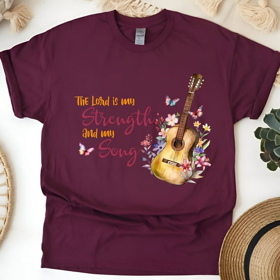 Christian T-Shirt The Lord is My Strength and My Song with Guitar Design, Maroon, Size 2XL