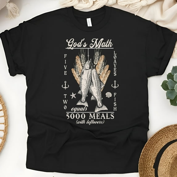 Christian T-Shirt with God’s Math Five Loaves and Two Fish, Black, Size XL