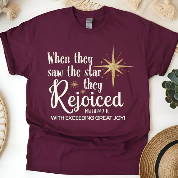 Christian T-Shirt with Rejoiced Star Design Matthew 2:10, Maroon, Size XL