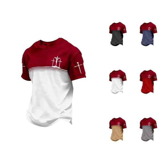 Christian T Shirts for Men 2026 Summer Casual Short Sleeve Crewneck Color Block Cross Graphic Tee Shirt