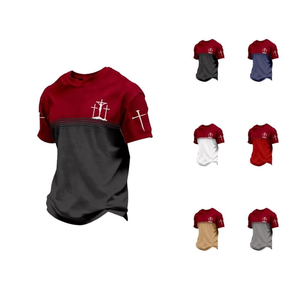 Christian T Shirts for Men 2026 Summer Casual Short Sleeve Crewneck Color Block Cross Graphic Tee Shirt