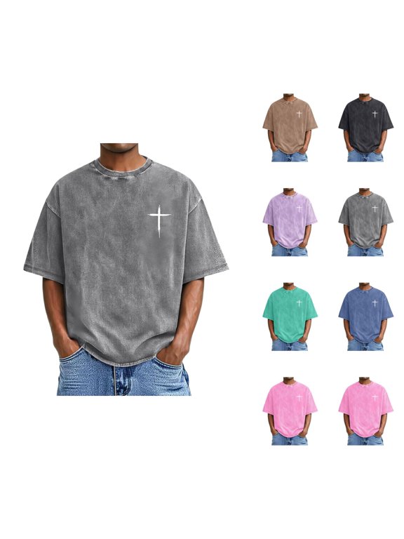 Christian T Shirts for Men 2026 Summer Casual Short Sleeve Crewneck Washed Vintage Shirt Christian Cross Graphic Tees