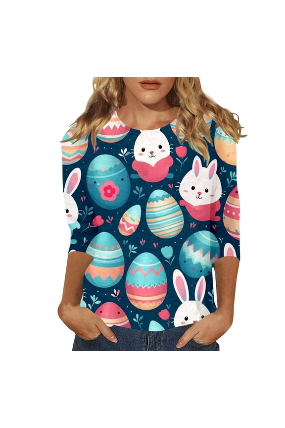 Christian T Shirts for Women Funny Egg Graphic 3/4 Length Sleeve Business Casual Clothing for Women,Navy,2XL