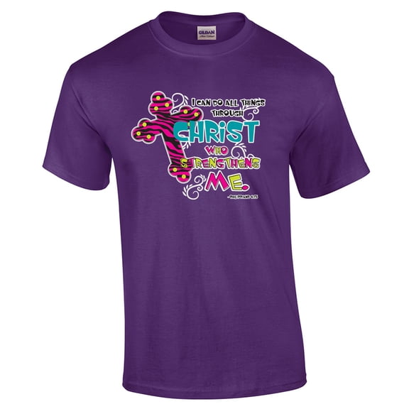 Christian T-shirt I Can Do All Things Through Christ Who Strengthens Me Religious Jesus Cross-Purple-XXL
