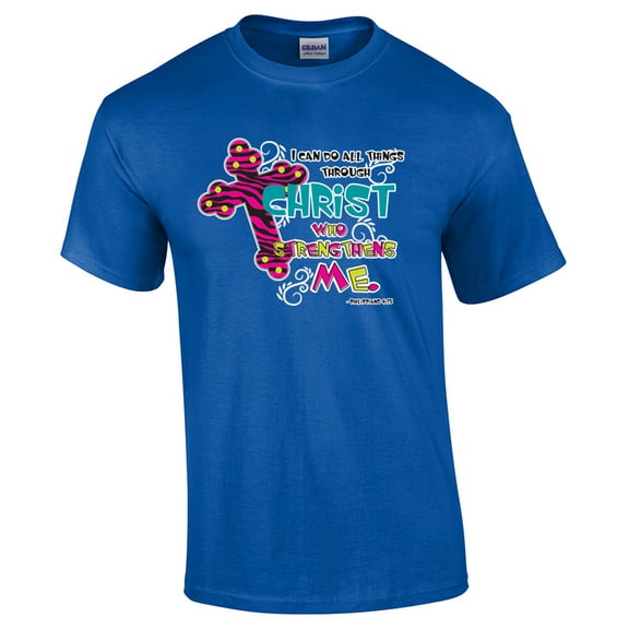 Christian T-shirt I Can Do All Things Through Christ Who Strengthens Me Religious Jesus Cross-Royal-Medium