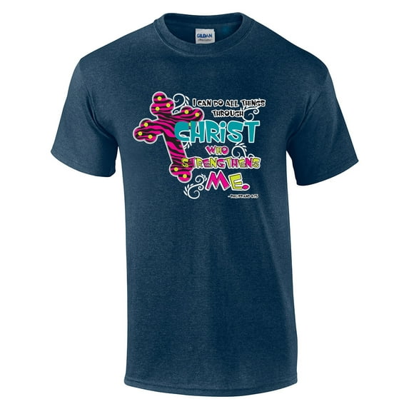 Christian T-shirt I Can Do All Things Through Christ Who Strengthens Me Religious Jesus Cross-heathernavy-Medium