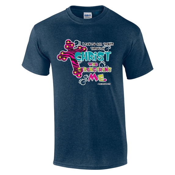 Christian T-shirt I Can Do All Things Through Christ Who Strengthens Me Religious Jesus Cross-heathernavy-XXXL