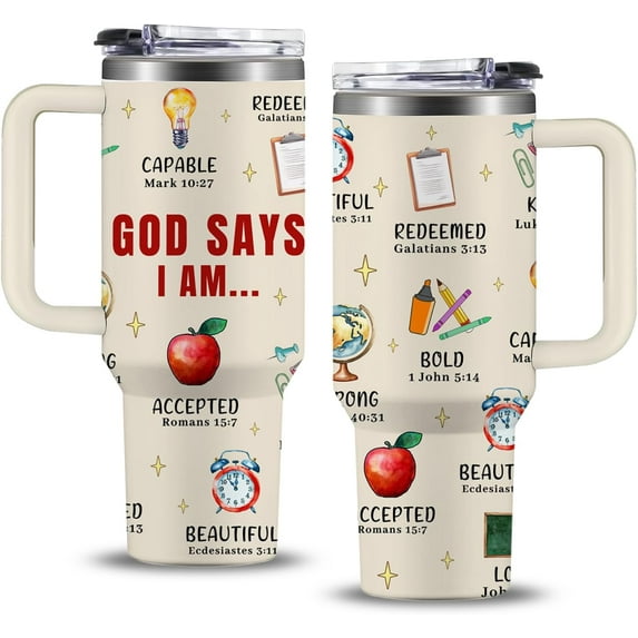 Christian Teacher Gift, 40 Oz God Says I Am Teacher Tumbler With Handle, Christian Gifts for Women, Inspirational Religious Birthday Gifts for Teacher Bible Verse Cup, Teacher Appreciation Gifts