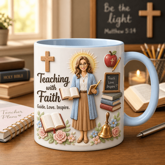 Christian Teacher Mug 3D Effect Teaching with Faith Gift for Educators