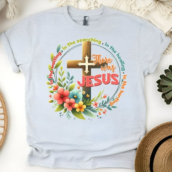 Christian There Was Jesus Cross and Floral Faith Graphic T-Shirt, Ash, Size S