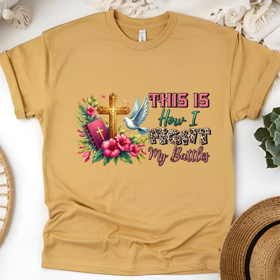 Christian This Is How I Fight My Battles Cross Bible T-Shirt, Gold, Size S