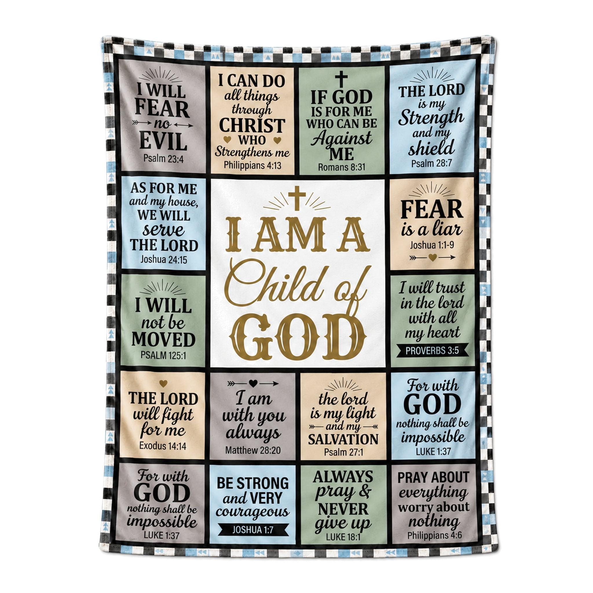 Chequerboard Border Christian Throw Blanket, Child of God Black and White Checkerboard ...
