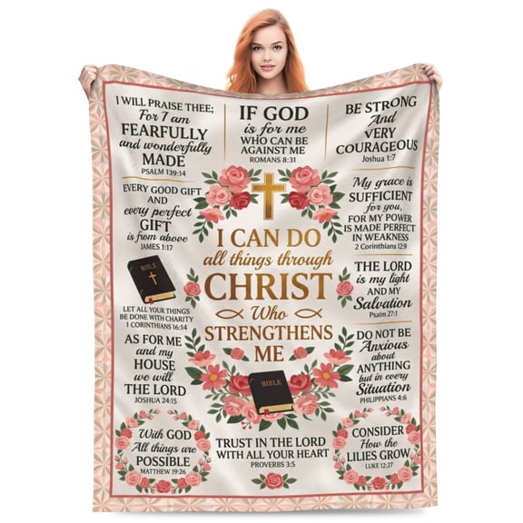 Christian Throw Blanket, Flannel Religious Catholic Bible Pattern, Inspirational Spiritual Design, Soft Warm Cozy, All Season Blanket 50x40