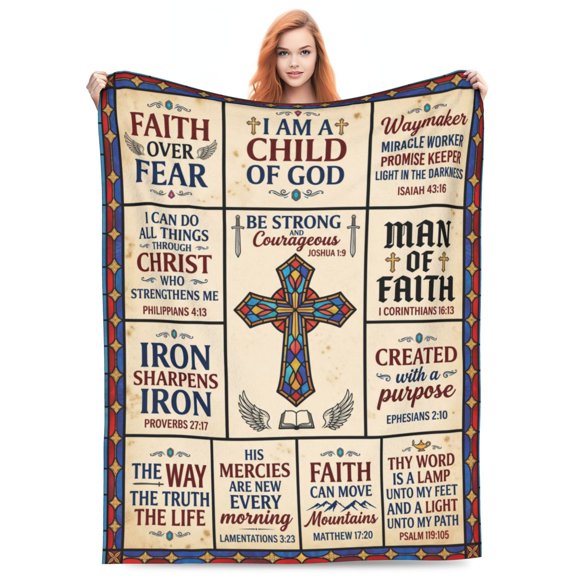 Christian Throw Blanket, Spiritual Scripture and Religious Graphic Design, Warm Flannel Blanket 50x40