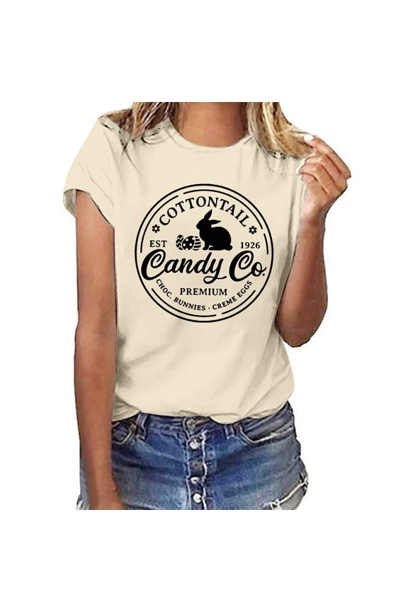 Christian Top for Women Short Sleeve Floral Print Round Neck Versatile Plus Size Womens Clothing,Beige,S