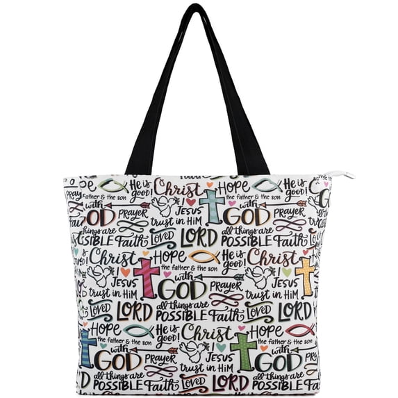 Christian Tote Bag for Women, Bible Canvas Tote with Zipper Closure and Inner Pocket, Small God Faith-Inspired Shoulder Bag, Reusable Shopping Bags for Groceries, Daily Use, or Gifts