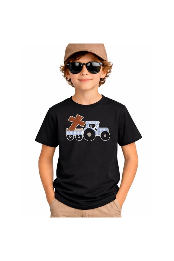Christian Tractor T-Shirt for Boys and Men, Farm Truck with Cross Graphic Tee, Black Short Sleeve Faith Shirt, Easter Religious Gift