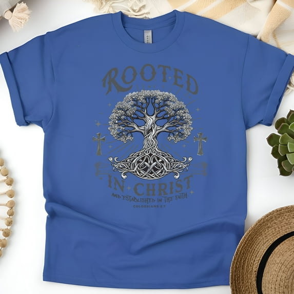 Christian Tree of Faith T-Shirt – Rooted in Christ Colossians 2:7 Graphic Tee, Royal, Size M