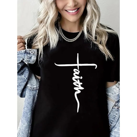 Christian Tshirt Crucifix Print Pure Cotton Short Sleeve Shirt for Women