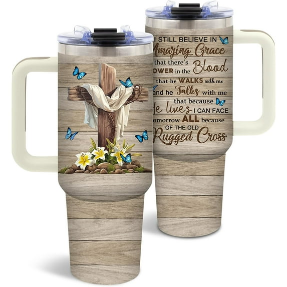 Christian Tumbler 40 Oz, Amazing Grace Design with Cross, Stainless Steel Insulated Mug, Inspirational Faith-Based Gift, Rustic Wood and Floral Elements, Gift for Christians