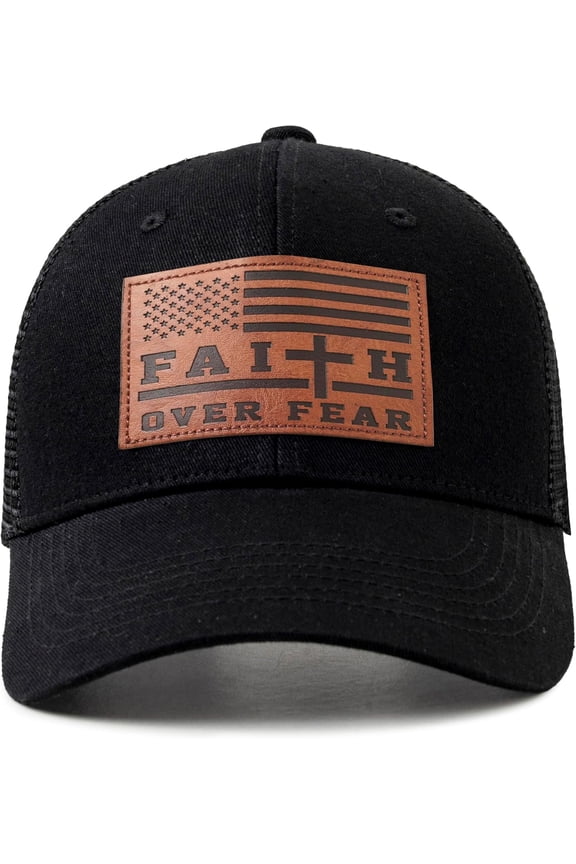 Christian US Flag Hat for Men Women, Faith Over Fear Cross Hat, Jesus USA Flag Leather Patch Adjustable Baseball Cap
