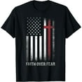 thumbnail image 1 of Christian US USA Flag American Christ Faith Over Fear Cross T-Shirt100% cotton short-sleeved shirt for both men and women, 1 of 6